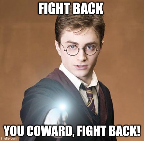 Fight back snape | FIGHT BACK; YOU COWARD, FIGHT BACK! | image tagged in harry potter casting a spell | made w/ Imgflip meme maker