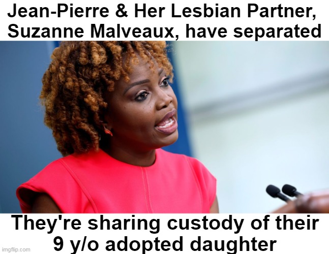 It doesn’t appear that the Press Sec & Malveaux were ever actually “married,” so they didn’t technically get divorced. | Jean-Pierre & Her Lesbian Partner, 
Suzanne Malveaux, have separated; They're sharing custody of their 
9 y/o adopted daughter | image tagged in politics,press secretary,cnn,no longer together,democrats,breaking up news | made w/ Imgflip meme maker