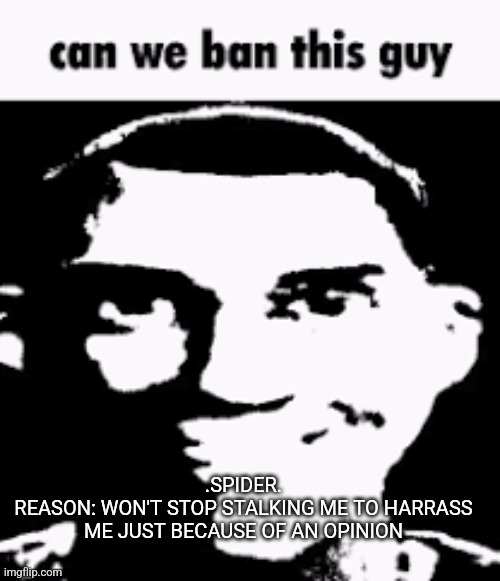 Can we ban this guy | .SPIDER.
REASON: WON'T STOP STALKING ME TO HARRASS ME JUST BECAUSE OF AN OPINION | image tagged in can we ban this guy | made w/ Imgflip meme maker