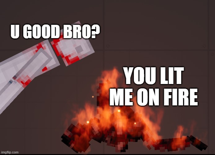 haha people playground go brrr | U GOOD BRO? YOU LIT ME ON FIRE | image tagged in gore | made w/ Imgflip meme maker
