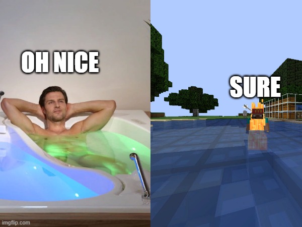 Minecraft pov | OH NICE; SURE | image tagged in minecraft,nice,sure,fire | made w/ Imgflip meme maker