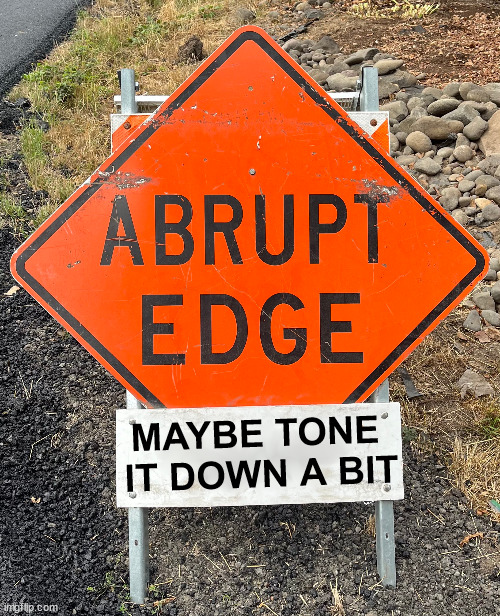 Abrupt Edgw | MAYBE TONE 
IT DOWN A BIT | image tagged in warning sign | made w/ Imgflip meme maker