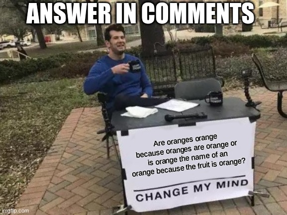 Orange Orange? | ANSWER IN COMMENTS; Are oranges orange because oranges are orange or is orange the name of an orange because the fruit is orange? | image tagged in memes,change my mind,funny,funny memes,lol,what | made w/ Imgflip meme maker