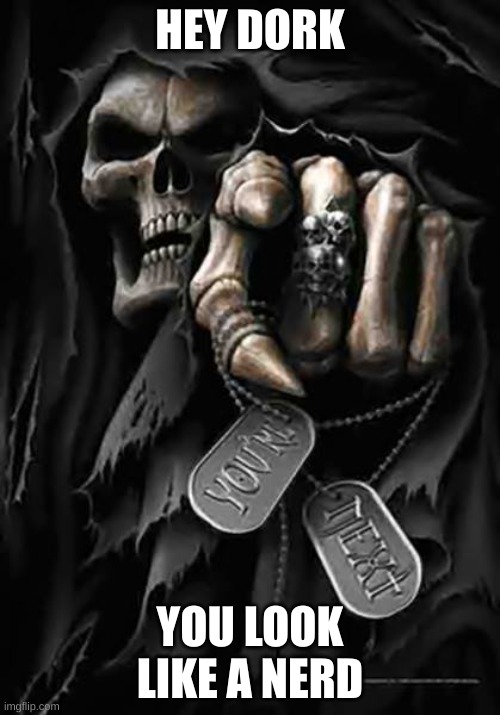Grim Reaper | HEY DORK; YOU LOOK LIKE A NERD | image tagged in grim reaper | made w/ Imgflip meme maker