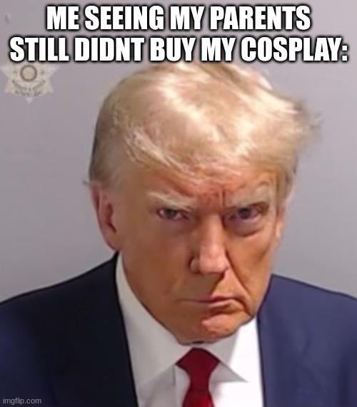 Donald Trump Mugshot | ME SEEING MY PARENTS STILL DIDNT BUY MY COSPLAY: | image tagged in donald trump mugshot | made w/ Imgflip meme maker