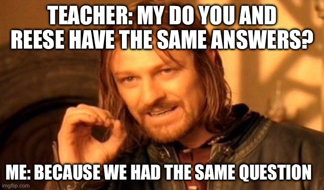 One Does Not Simply Meme | TEACHER: MY DO YOU AND REESE HAVE THE SAME ANSWERS? ME: BECAUSE WE HAD THE SAME QUESTION | image tagged in memes,one does not simply | made w/ Imgflip meme maker