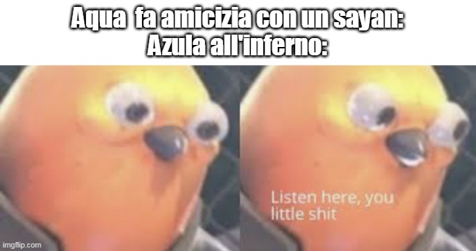 Listen here you little shit bird | Aqua  fa amicizia con un sayan:
Azula all'inferno: | image tagged in listen here you little shit bird | made w/ Imgflip meme maker