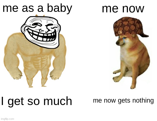 a long time ago | me as a baby; me now; I get so much; me now gets nothing | image tagged in memes,buff doge vs cheems | made w/ Imgflip meme maker
