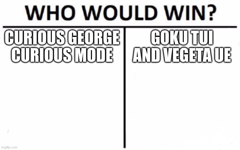 Who Would Win? | CURIOUS GEORGE CURIOUS MODE; GOKU TUI AND VEGETA UE | image tagged in memes,who would win | made w/ Imgflip meme maker