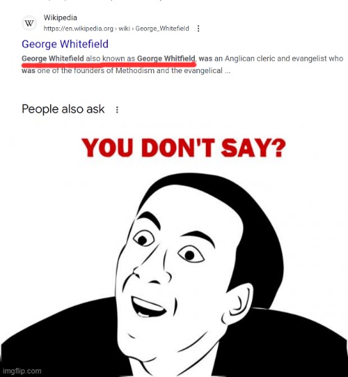 Im pretty Sure George Whitefiled is.. George Whitefield | image tagged in memes,you don't say,george whitefield,history | made w/ Imgflip meme maker