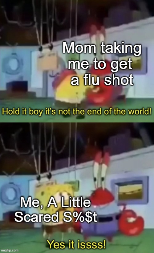An Apple A Day | Mom taking me to get 
a flu shot; Me, A Little Scared S%$t | image tagged in hold it boy it s not the end of the world,relatable,relatable memes,funny,funny memes,doctor | made w/ Imgflip meme maker