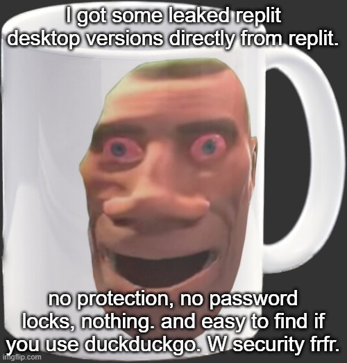 are the replit engineers high | I got some leaked replit desktop versions directly from replit. no protection, no password locks, nothing. and easy to find if you use duckduckgo. W security frfr. | image tagged in weed mug | made w/ Imgflip meme maker