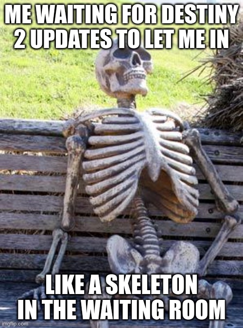 Waiting Skeleton Meme | ME WAITING FOR DESTINY 2 UPDATES TO LET ME IN; LIKE A SKELETON IN THE WAITING ROOM | image tagged in memes,waiting skeleton | made w/ Imgflip meme maker