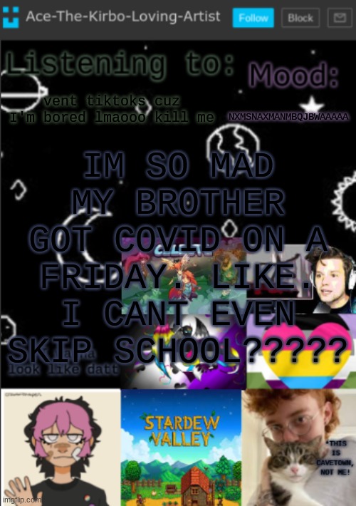 >:((( | IM SO MAD MY BROTHER GOT COVID ON A FRIDAY. LIKE. I CANT EVEN SKIP SCHOOL????? vent tiktoks cuz I'm bored lmaooo kill me; NXMSNAXMANMBQJBWAAAAA | image tagged in my new temp aces temp | made w/ Imgflip meme maker