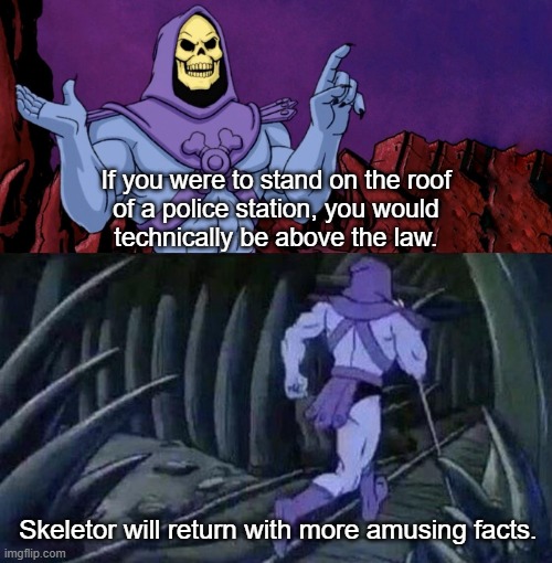 The more you know: | If you were to stand on the roof
of a police station, you would
technically be above the law. Skeletor will return with more amusing facts. | image tagged in he man skeleton advices | made w/ Imgflip meme maker
