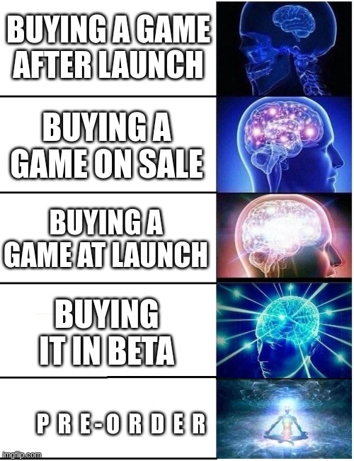 Expanding Brain 5 Panel | BUYING A GAME AFTER LAUNCH BUYING A GAME ON SALE BUYING A GAME AT LAUNCH BUYING IT IN BETA P  R  E - O  R  D  E  R | image tagged in expanding brain 5 panel | made w/ Imgflip meme maker