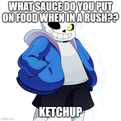 Fresh jokes for sale, mint condition | WHAT SAUCE DO YOU PUT ON FOOD WHEN IN A RUSH?? KETCHUP | image tagged in sans undertale | made w/ Imgflip meme maker
