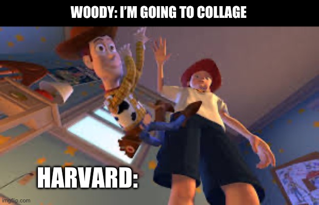 Andy dropping Woody | WOODY: I’M GOING TO COLLAGE; HARVARD: | image tagged in andy dropping woody | made w/ Imgflip meme maker