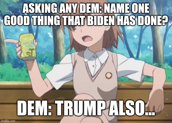 ASKING ANY DEM: NAME ONE GOOD THING THAT BIDEN HAS DONE? DEM: TRUMP ALSO... | image tagged in funny memes | made w/ Imgflip meme maker