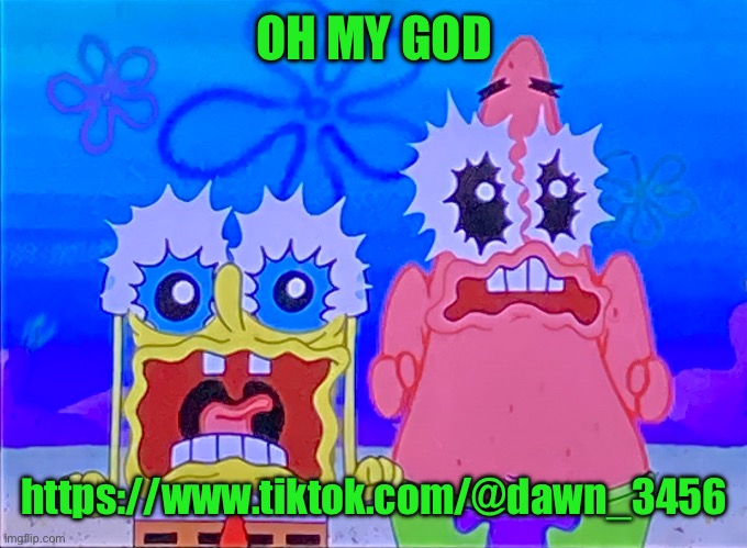 Scare spongboob and patrichard | OH MY GOD; https://www.tiktok.com/@dawn_3456 | image tagged in scare spongboob and patrichard | made w/ Imgflip meme maker