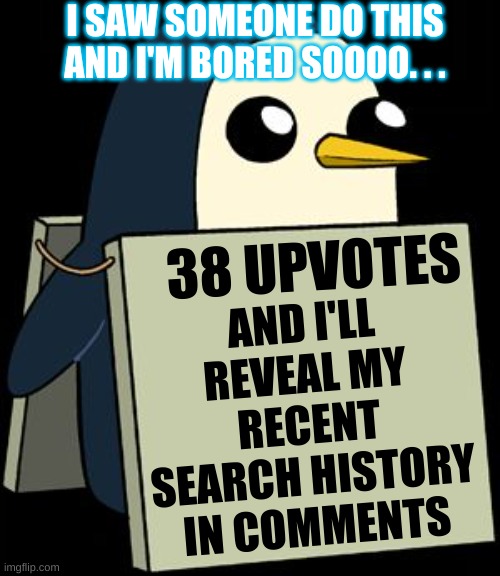 i looked at it today and I have never been so concerned in my life :') | I SAW SOMEONE DO THIS AND I'M BORED SOOOO. . . AND I'LL REVEAL MY RECENT SEARCH HISTORY IN COMMENTS; 38 UPVOTES | image tagged in gunter penguin blank sign | made w/ Imgflip meme maker