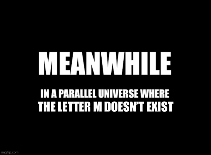 Meanwhile in a parallel universe | THE LETTER M DOESN’T EXIST | image tagged in meanwhile in a parallel universe | made w/ Imgflip meme maker