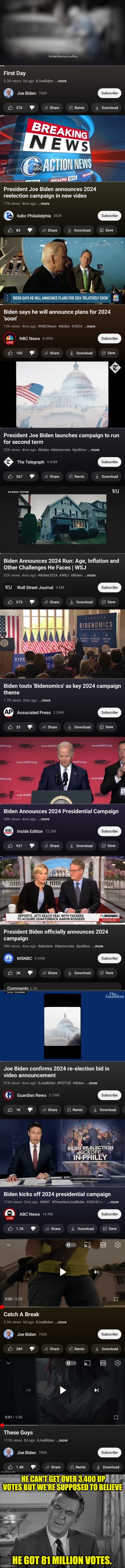 These numbers aren't fraudulent | HE CAN'T GET OVER 3,400 UP VOTES BUT WE'RE SUPPOSED TO BELIEVE; HE GOT 81 MILLION VOTES. | image tagged in election fraud,joe biden,youtube,upvotes | made w/ Imgflip meme maker