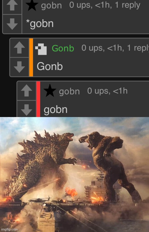 Gonb | image tagged in epic battle | made w/ Imgflip meme maker