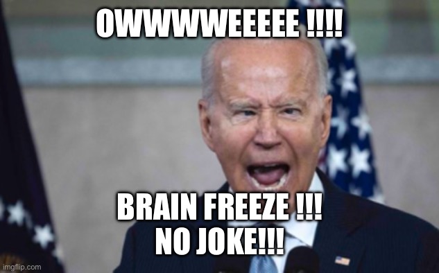 Biden Scream | OWWWWEEEEE !!!! BRAIN FREEZE !!!
NO JOKE!!! | image tagged in biden scream | made w/ Imgflip meme maker