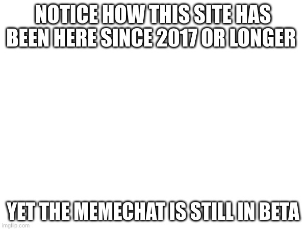 NOTICE HOW THIS SITE HAS BEEN HERE SINCE 2017 OR LONGER; YET THE MEMECHAT IS STILL IN BETA | made w/ Imgflip meme maker