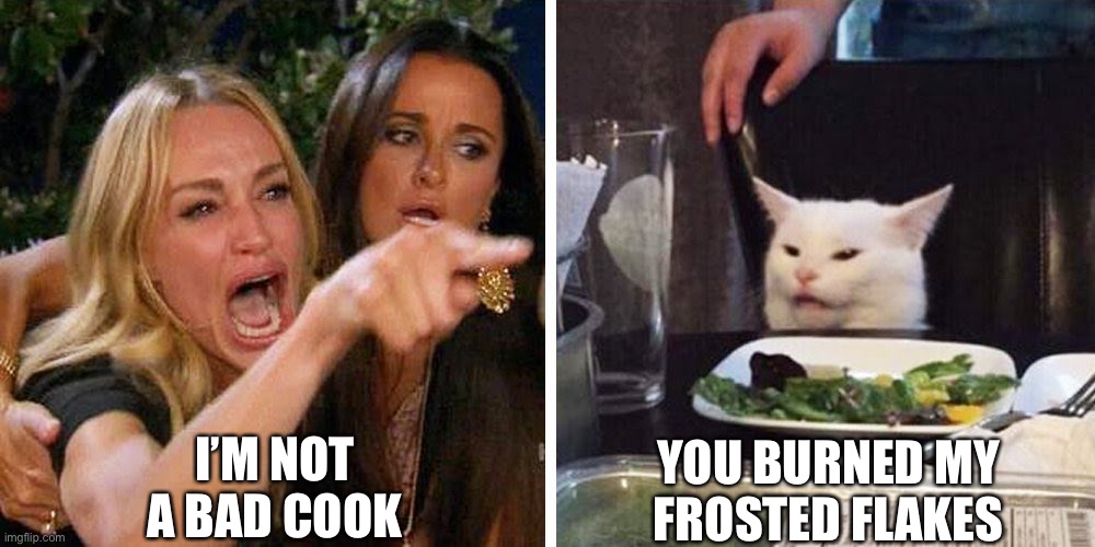 Flakey | I’M NOT A BAD COOK; YOU BURNED MY FROSTED FLAKES | image tagged in smudge the cat | made w/ Imgflip meme maker