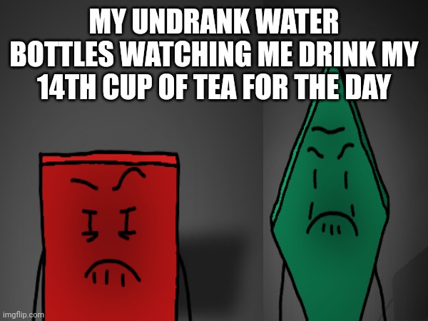 ㅤ | MY UNDRANK WATER BOTTLES WATCHING ME DRINK MY 14TH CUP OF TEA FOR THE DAY | image tagged in angry rhombus,angry cube | made w/ Imgflip meme maker