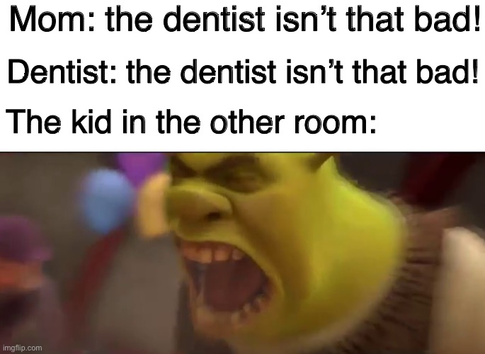 Shrek Screaming | Mom: the dentist isn’t that bad! Dentist: the dentist isn’t that bad! The kid in the other room: | image tagged in shrek screaming | made w/ Imgflip meme maker