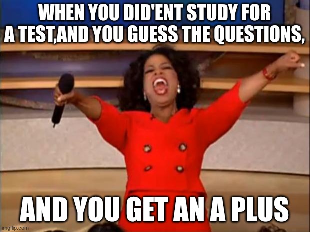 Oprah You Get A | WHEN YOU DID'ENT STUDY FOR A TEST,AND YOU GUESS THE QUESTIONS, AND YOU GET AN A PLUS | image tagged in memes,oprah you get a | made w/ Imgflip meme maker