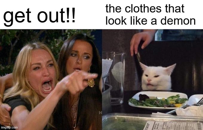 Oh | get out!! the clothes that look like a demon | image tagged in memes,woman yelling at cat | made w/ Imgflip meme maker
