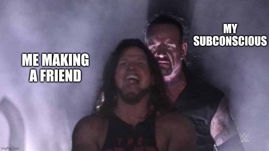 AJ Styles & Undertaker | MY SUBCONSCIOUS; ME MAKING A FRIEND | image tagged in aj styles undertaker | made w/ Imgflip meme maker