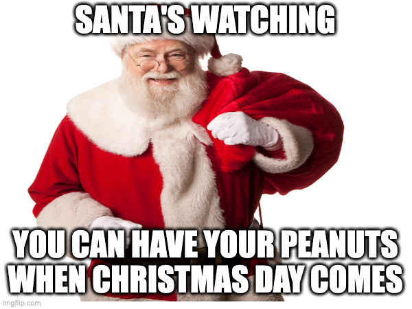 SANTA'S WATCHING YOU CAN HAVE YOUR PEANUTS WHEN CHRISTMAS DAY COMES | made w/ Imgflip meme maker