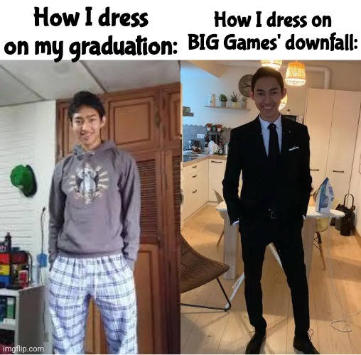 big games is shit | How I dress on my graduation:; How I dress on BIG Games' downfall: | image tagged in wearing clothes | made w/ Imgflip meme maker