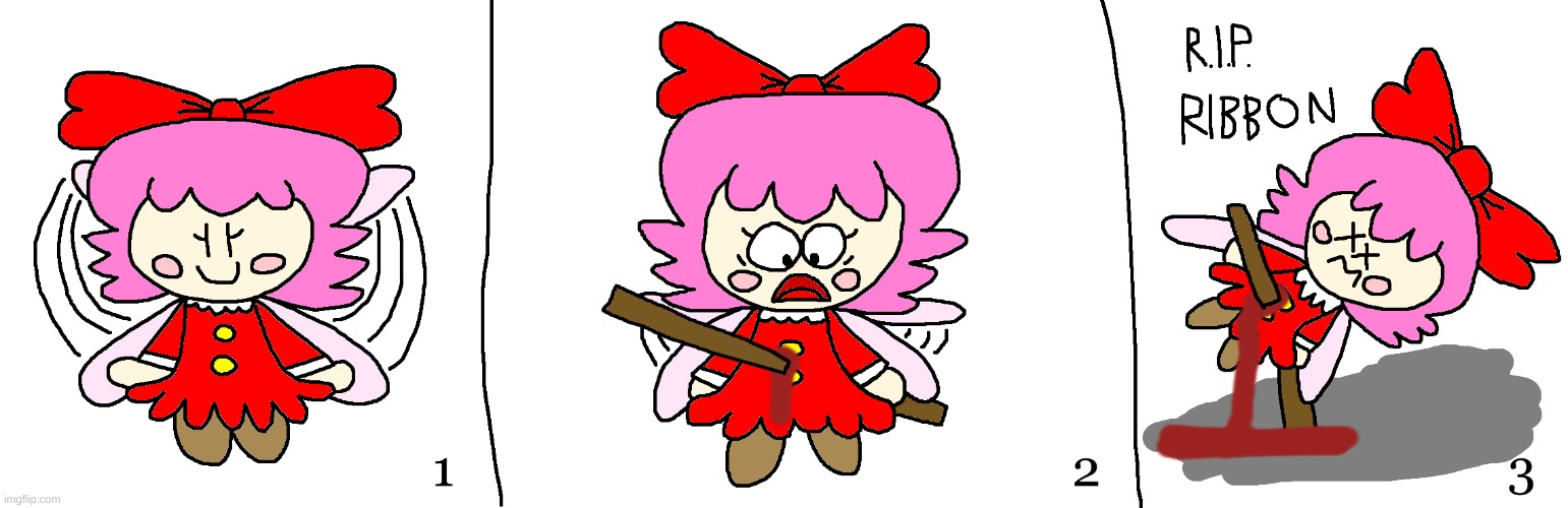 Ribbon dies from a stick | image tagged in kirby,gore,blood,funny,parody,fanart | made w/ Imgflip meme maker