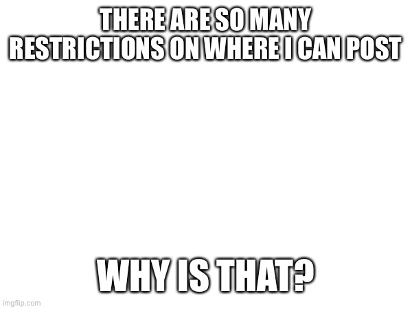 THERE ARE SO MANY RESTRICTIONS ON WHERE I CAN POST; WHY IS THAT? | made w/ Imgflip meme maker
