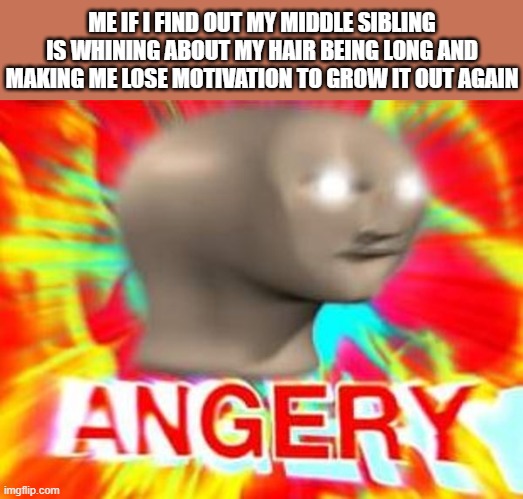 Not gonna work this time mf | ME IF I FIND OUT MY MIDDLE SIBLING IS WHINING ABOUT MY HAIR BEING LONG AND MAKING ME LOSE MOTIVATION TO GROW IT OUT AGAIN | image tagged in surreal angery,memes,relatable,enough is enough,hair,long hair | made w/ Imgflip meme maker