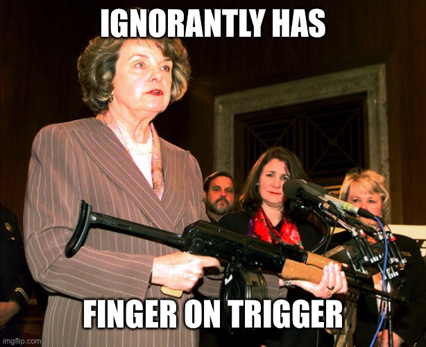 Diane Feinstein AK47 | IGNORANTLY HAS FINGER ON TRIGGER | image tagged in diane feinstein ak47 | made w/ Imgflip meme maker