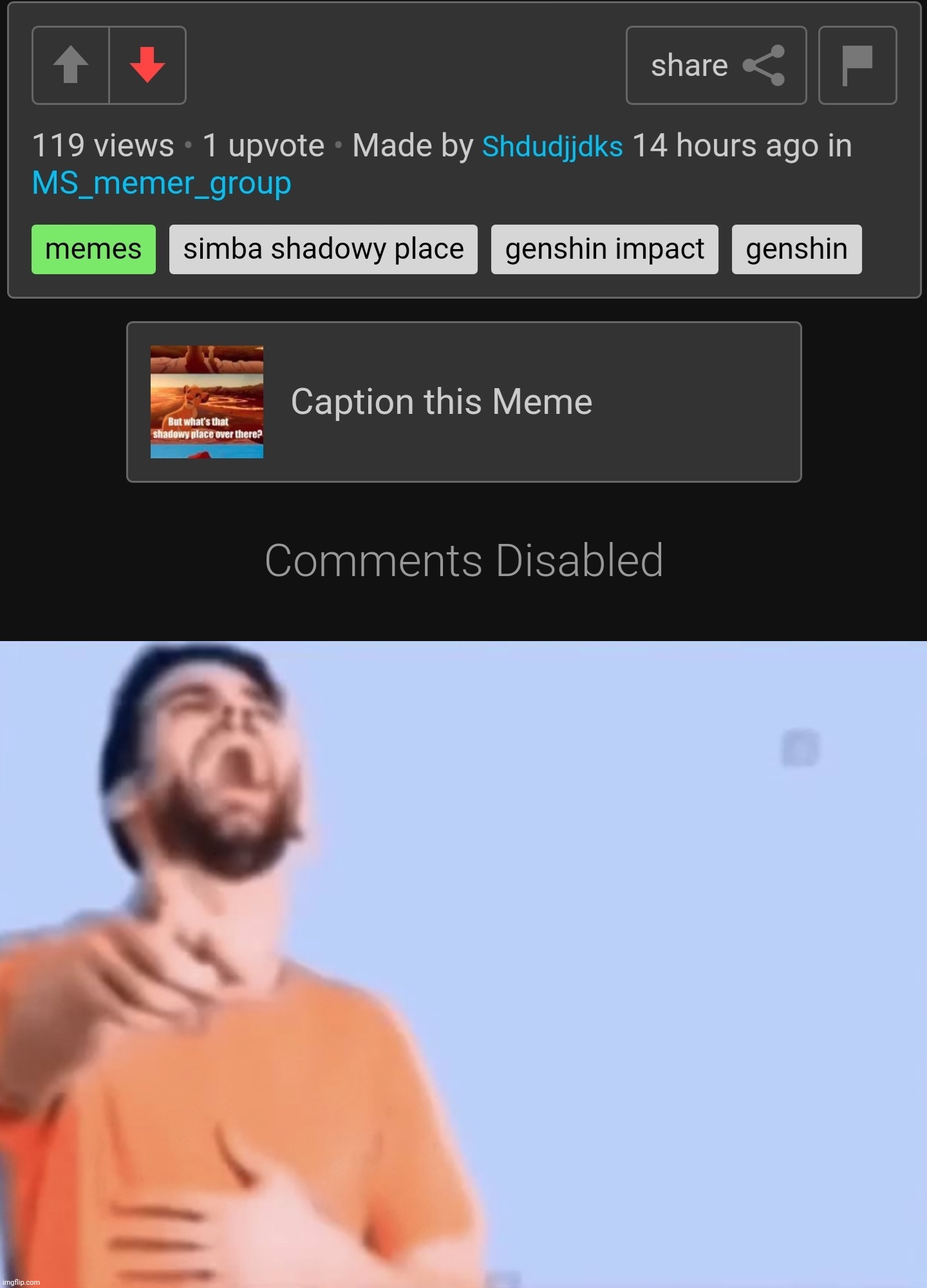 (joke) Imagine disabling comments lmfao | image tagged in laughing and pointing,snowflake,genshin impact,is,absolute garbage | made w/ Imgflip meme maker