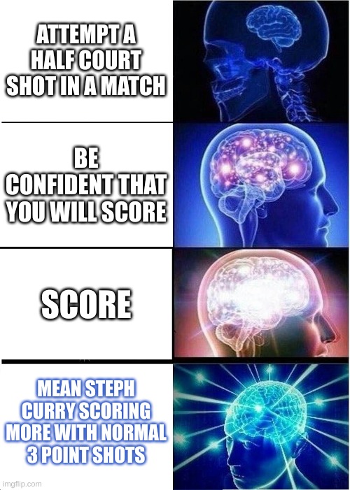 Basketball shooter | ATTEMPT A HALF COURT SHOT IN A MATCH; BE CONFIDENT THAT YOU WILL SCORE; SCORE; MEAN STEPH CURRY SCORING MORE WITH NORMAL 3 POINT SHOTS | image tagged in memes,expanding brain | made w/ Imgflip meme maker