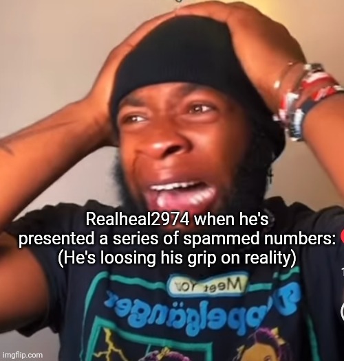 Realheal2974 when he's presented a series of spammed numbers: (He's loosing his grip on reality) | made w/ Imgflip meme maker