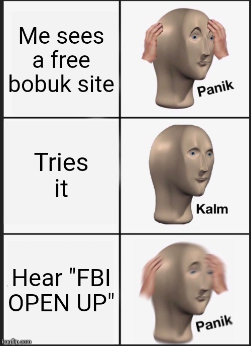 panik kalm panik | Me sees a free bobuk site; Tries it; Hear "FBI OPEN UP" | image tagged in memes,panik kalm panik | made w/ Imgflip meme maker