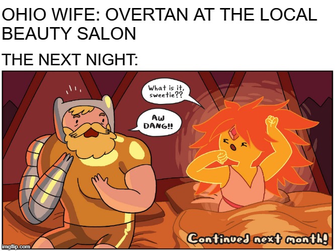 Hot | OHIO WIFE: OVERTAN AT THE LOCAL 
BEAUTY SALON; THE NEXT NIGHT: | image tagged in morning,funny,memes,dark humor,cartoon network,adventure time | made w/ Imgflip meme maker