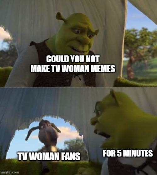 Could you not ___ for 5 MINUTES | COULD YOU NOT MAKE TV WOMAN MEMES; TV WOMAN FANS; FOR 5 MINUTES | image tagged in could you not ___ for 5 minutes | made w/ Imgflip meme maker