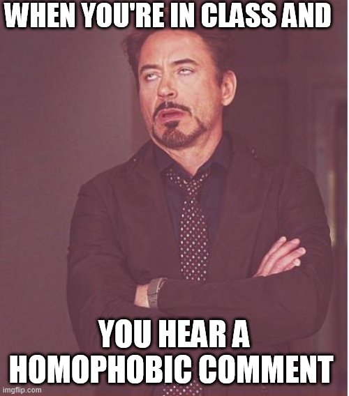 ? | WHEN YOU'RE IN CLASS AND; YOU HEAR A HOMOPHOBIC COMMENT | image tagged in memes,face you make robert downey jr,homophobes | made w/ Imgflip meme maker