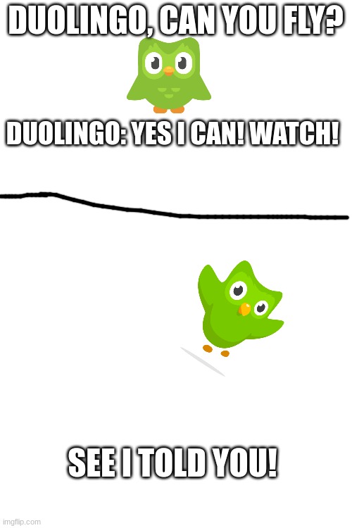 DUOLINGO, CAN YOU FLY? DUOLINGO: YES I CAN! WATCH! SEE I TOLD YOU! | image tagged in duolingo bird,duolingo,flying,fly | made w/ Imgflip meme maker